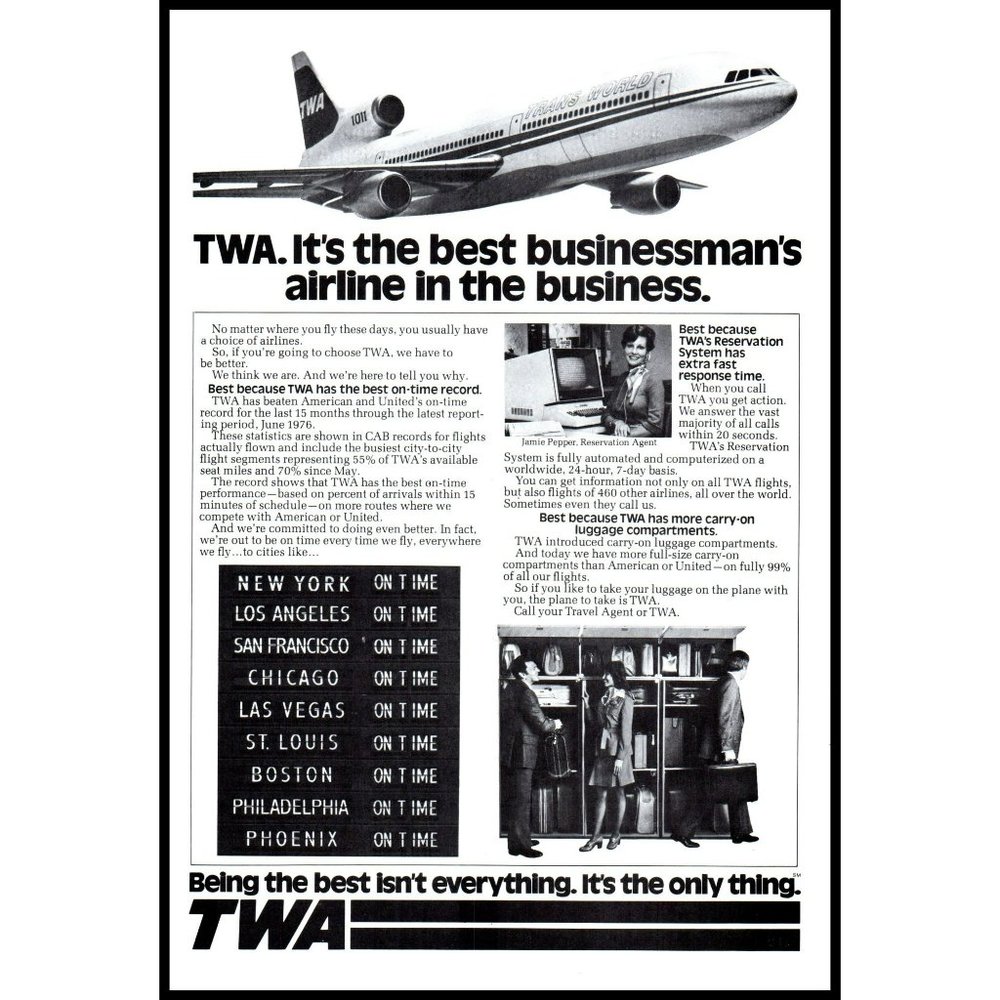 1976 TWA Businessman's Airline Vintage Print Ad Business Travel Flying Wall Art